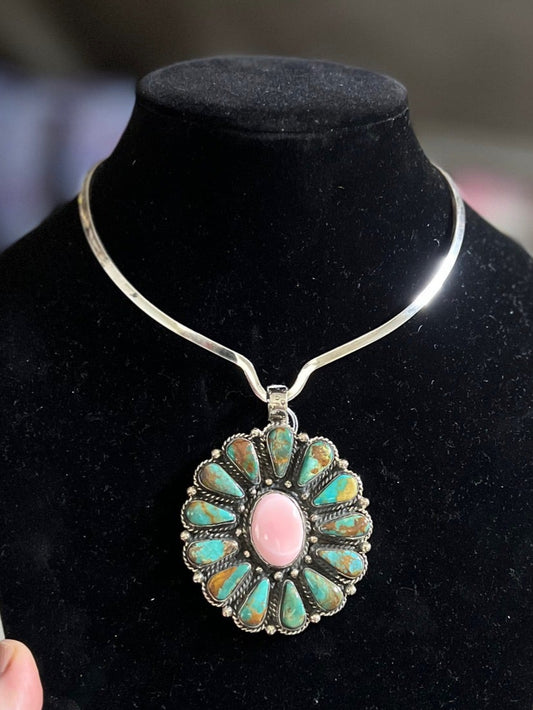 Genuine Turquoise and Pink Conch on Tibetan Silver Pendant CedarHill Country Market