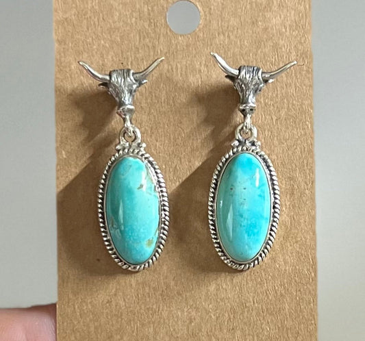 Genuine Turquoise (Kingman) and Sterling Silver Steer Post Back Earrings Cedar Hill Country Market
