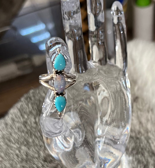 Three Stone Genuine Kingman Turquoise and Opal Sterling Silver Bar Ring Size 8 Cedar Hill Country Market