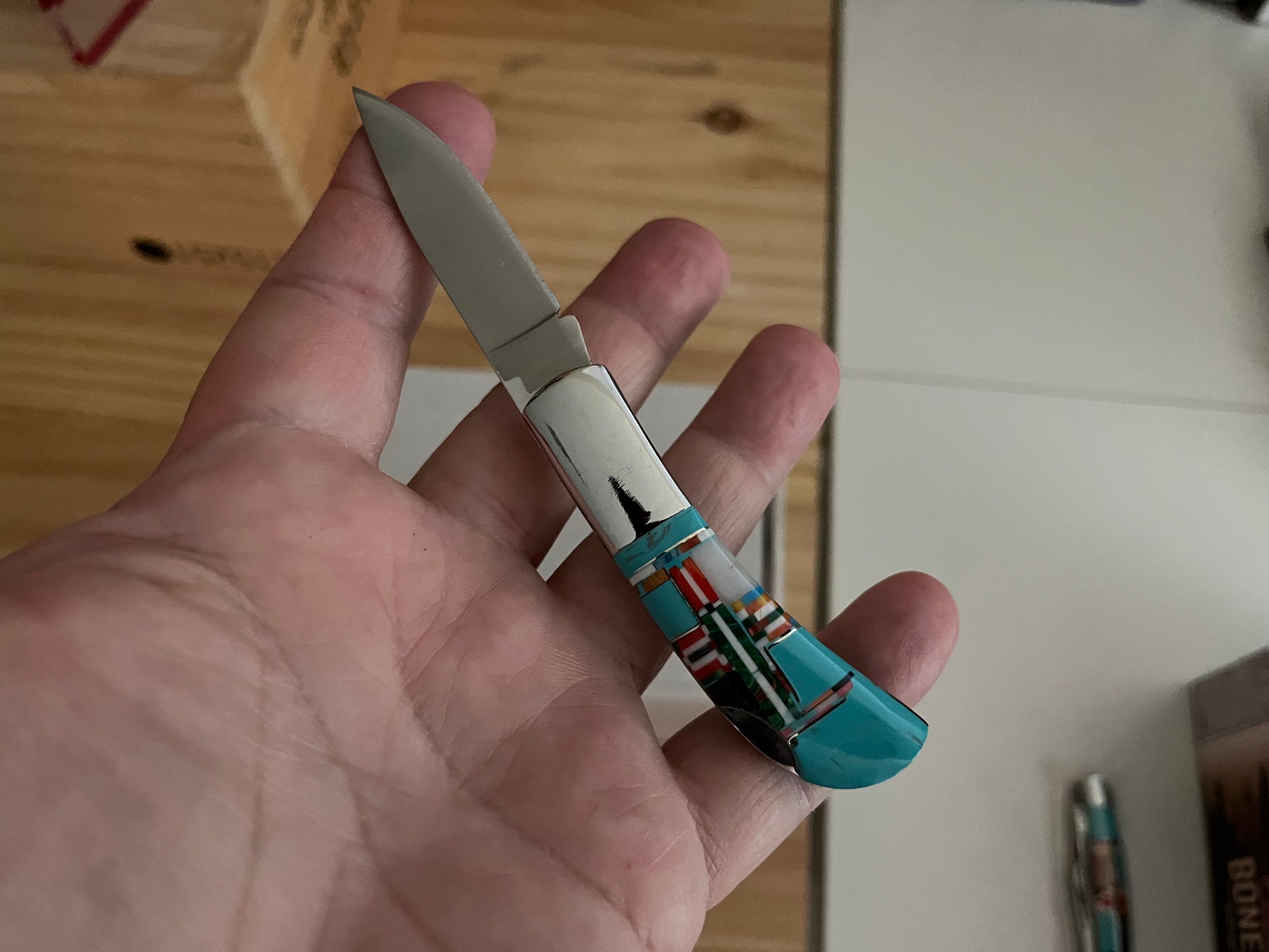Southwestern Native Style Turquoise Multi Inlay Pocket Knife (188bc10) CedarHill Country Market