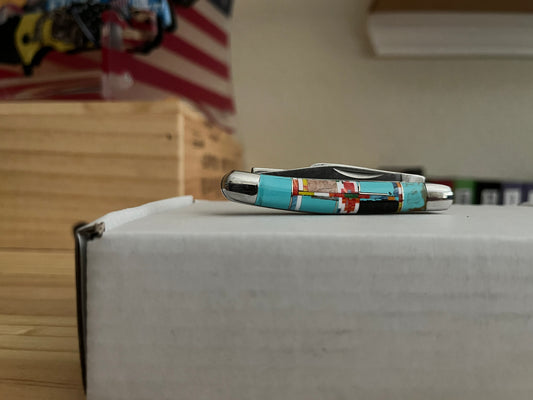 Southwestern Native Style Turquoise Multi Inlay Pocket Knife 3 Blade (188bc13) 6018 CedarHill Country Market