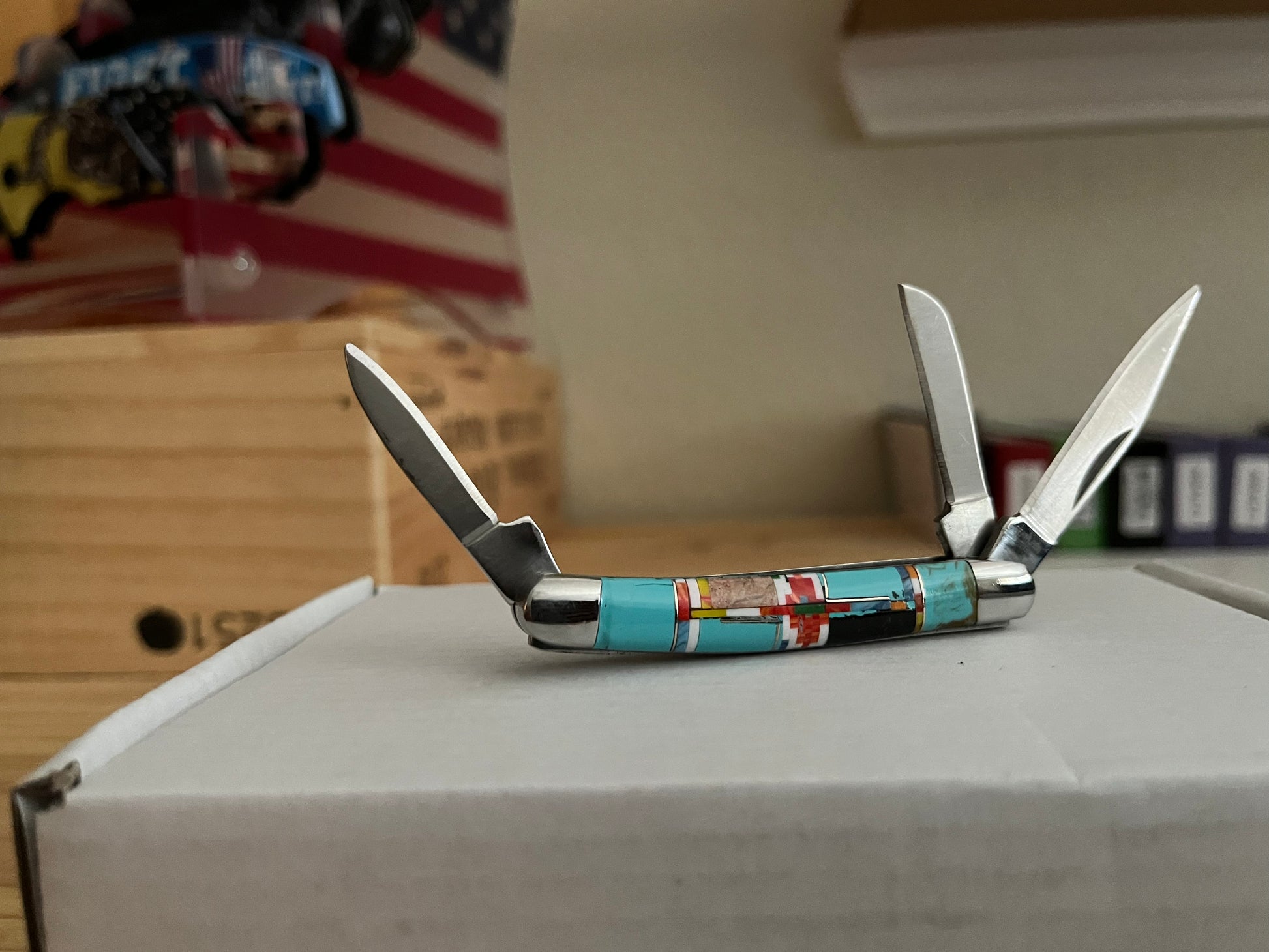 Southwestern Native Style Turquoise Multi Inlay Pocket Knife 3 Blade (188bc13) 6018 CedarHill Country Market
