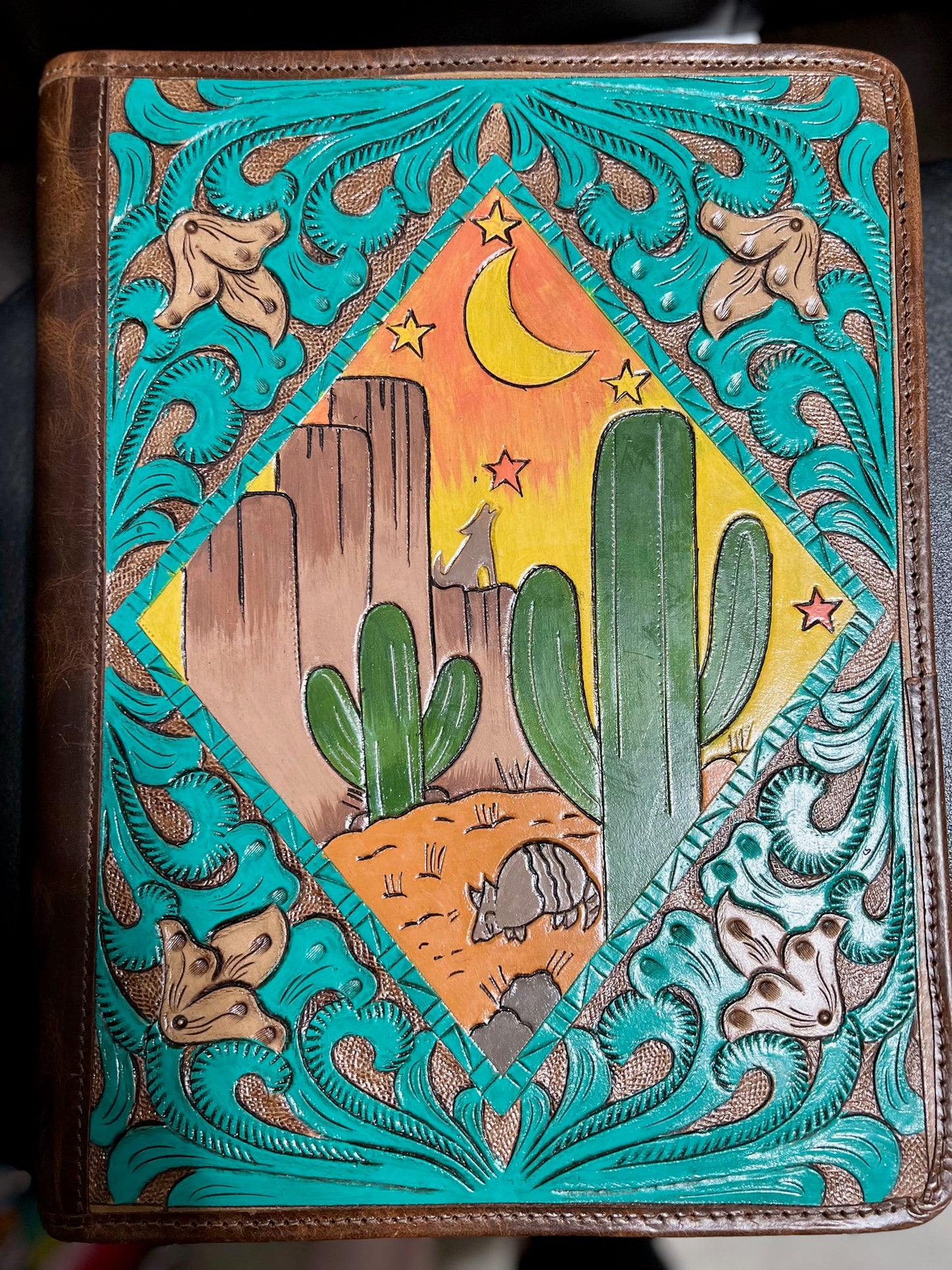 Leather Hand Tooled Western Portfolio with Zipper Close Cedar Hill Country Market