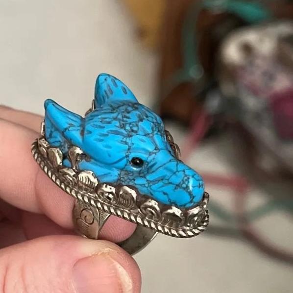 Tibetan Silver and Turquoise Wolf Ring Cedar Hill Country Market