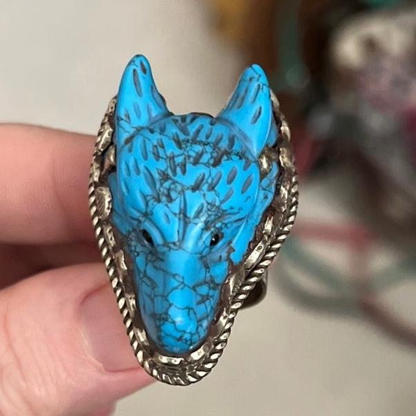 Tibetan Silver and Turquoise Wolf Ring Cedar Hill Country Market