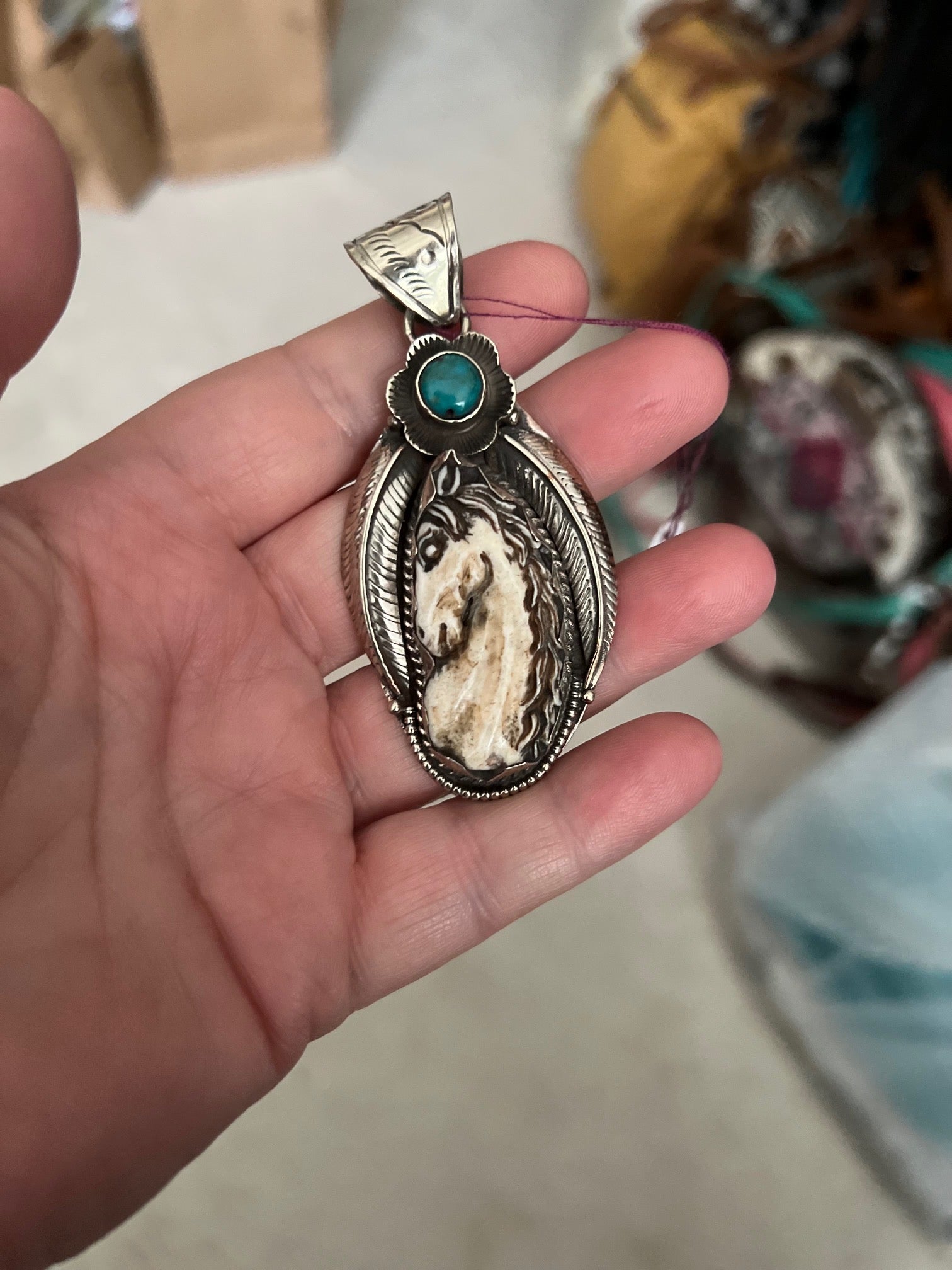 White Brass Tibetan Silver Pendant with Turquoise Bead Hand Bone Carved Cedar Hill Country Market