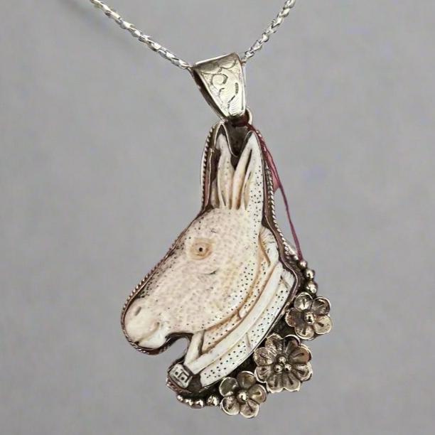 Ornate Bone donkey pendant in Tibetan Silver Florals Cedar Hill Country Market