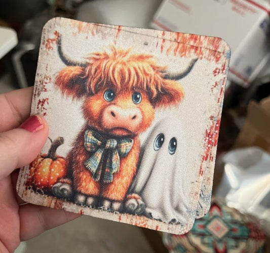 Fall Highland Cow and Boo Bar Coaster Set of 4 CedarHill Country Market