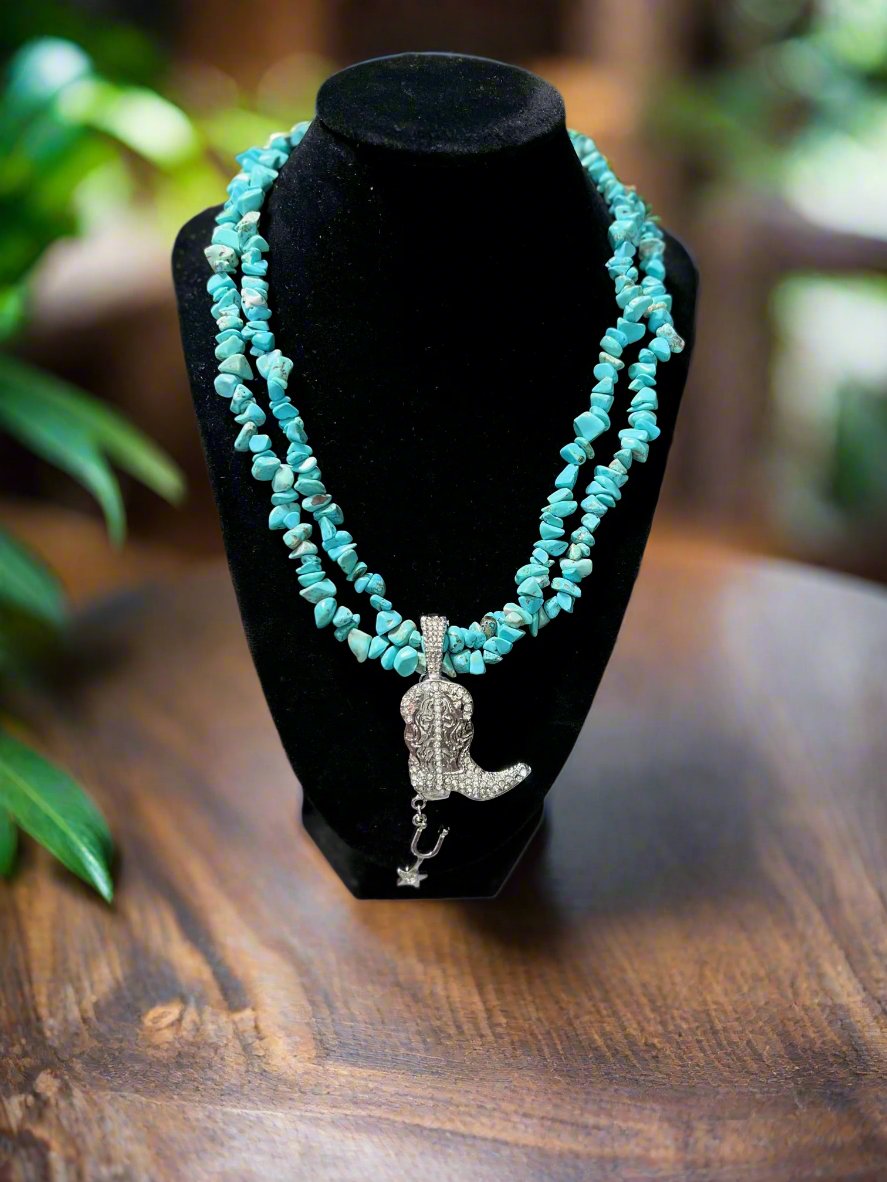 Faux Turquoise Chunky Necklace with Glitz Cowboy Boot Pendant CedarHill Country Market