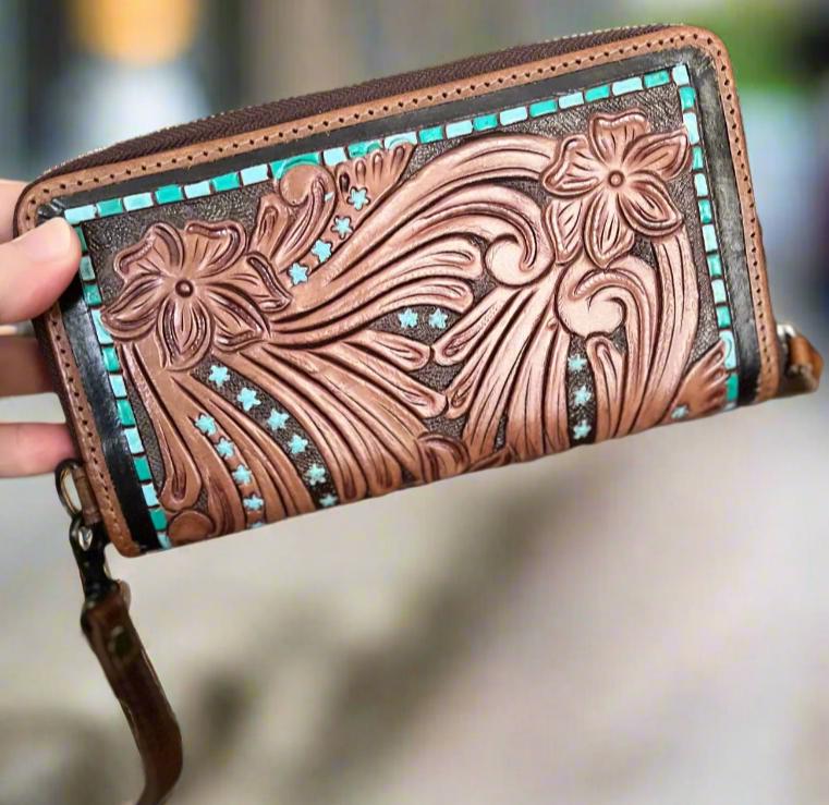 Western Hand Tooled Zipper Wristlet Wallet/Handbag CedarHill Country Market