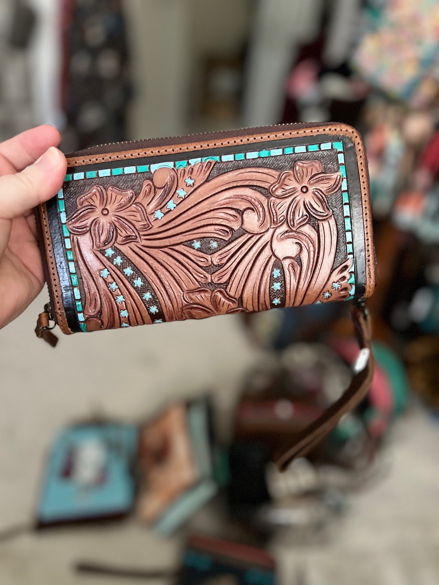 Western Hand Tooled Zipper Wristlet Wallet/Handbag CedarHill Country Market