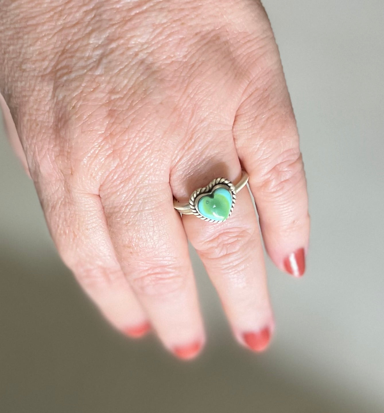 Genuine Peacock Turquoise Heart Ring in Matte Finish - Adjustable Cedar Hill Country Market