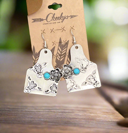 Silver Cow Tag Turquoise Earrings CedarHill Country Market