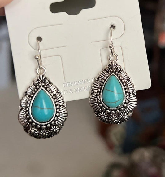 Turquoise Tear Drop Earrings on Hooks Cedar Hill Country Market