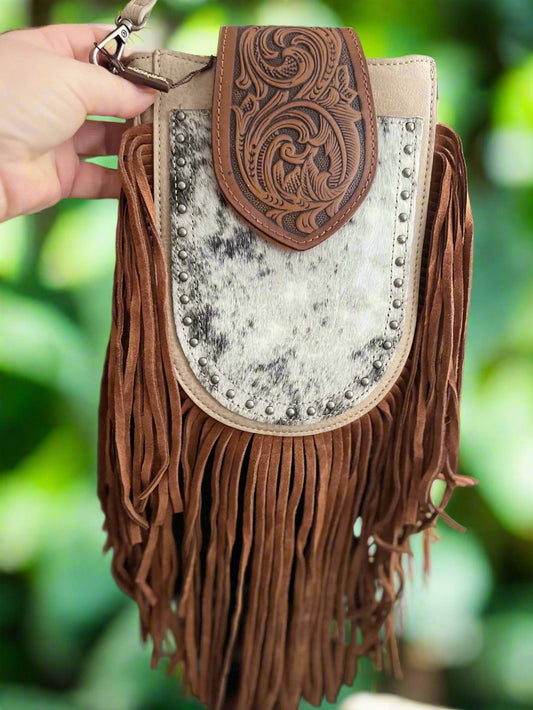 Trinity Ranch Genuine Hair-On Cowhide Tooled Fringe Crossbody HandBag Cedar Hill Country Market