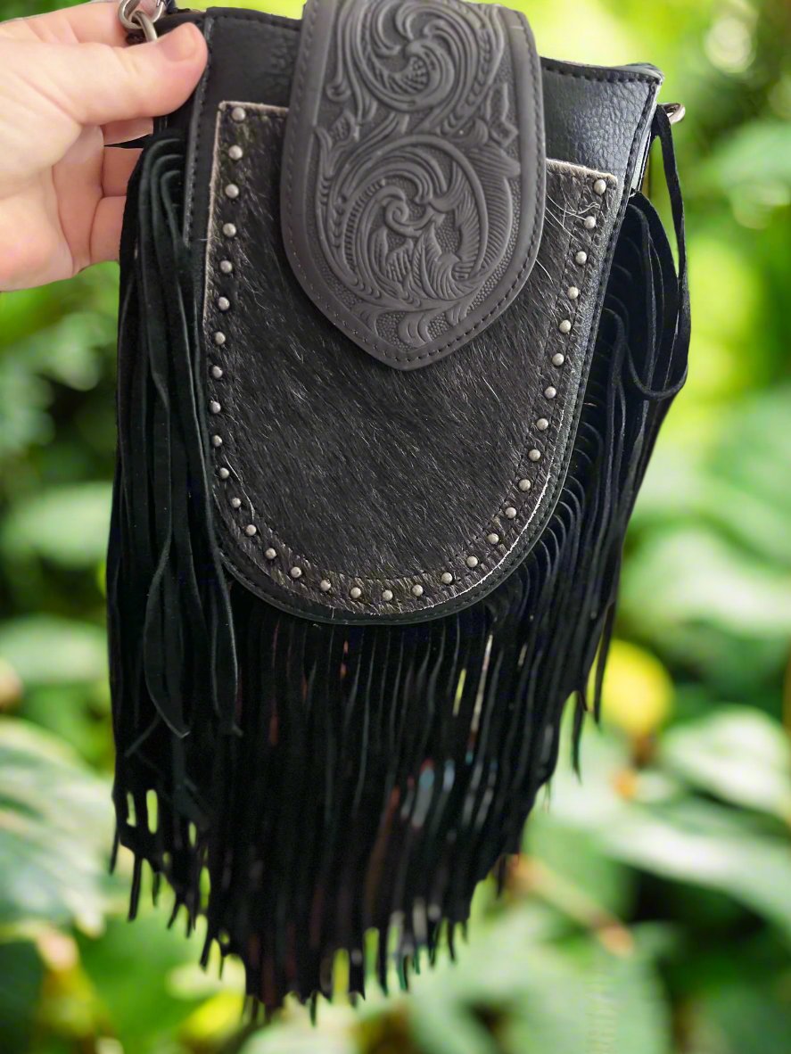 Trinity Ranch Genuine Hair-On Cowhide Tooled Fringe Crossbody HandBag Cedar Hill Country Market