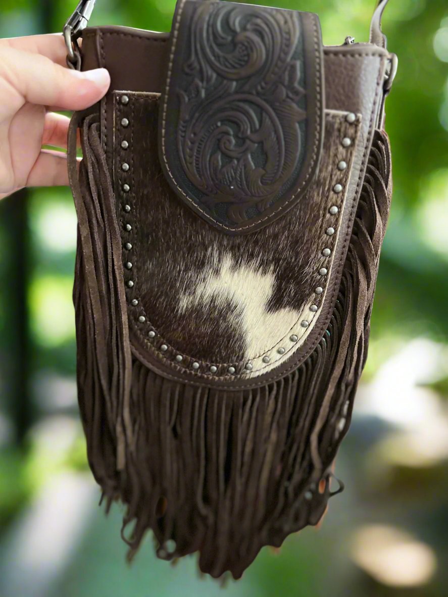 Trinity Ranch Genuine Hair-On Cowhide Tooled Fringe Crossbody HandBag Cedar Hill Country Market