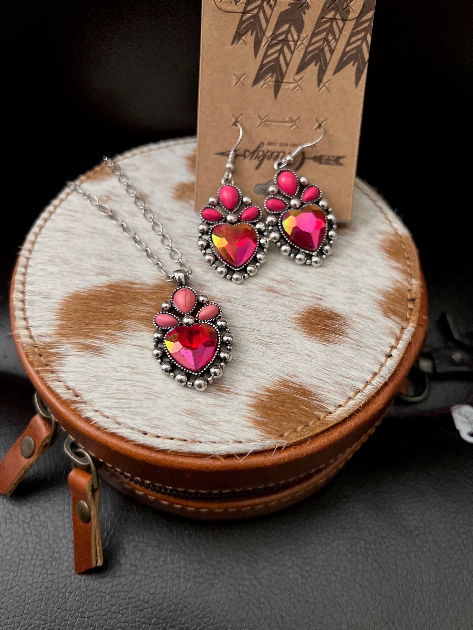 Hot Pink Fluer Hearts Necklace and Earring Set Cedar Hill Country Market