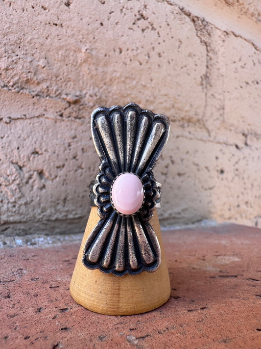 Handcrafted Queen Pink Conch & Sterling Silver Adjustable Statement Ring by Kevin Billah Nizhoni Traders LLC