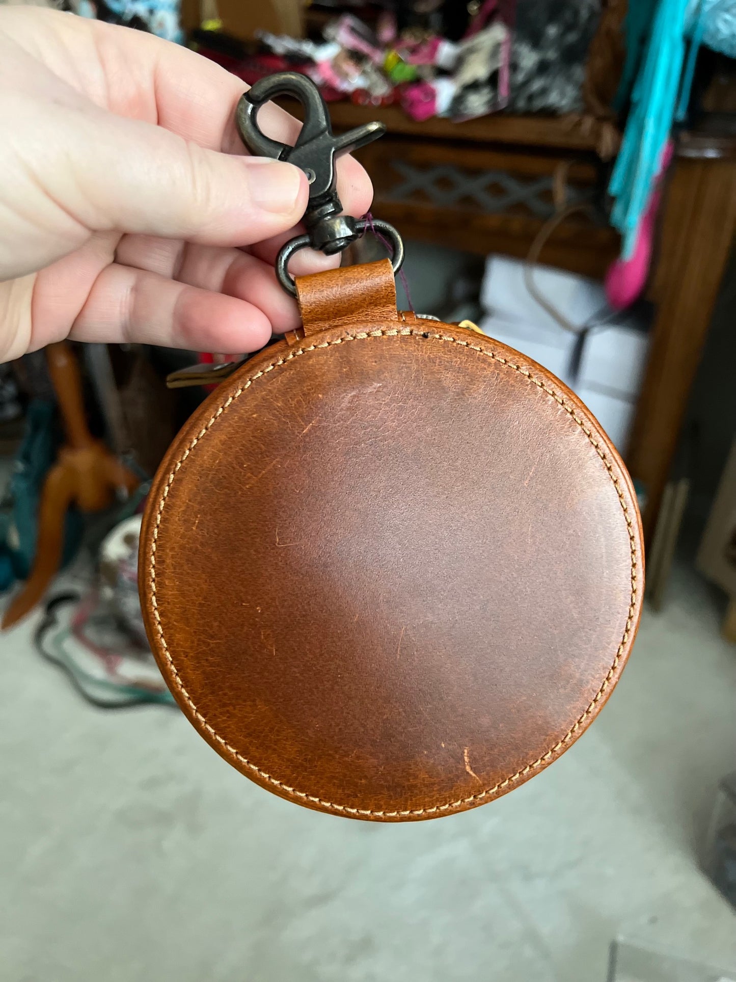 Genuine Leather Hand Cow Hide Round Jewelry Storage with Zipper Closure Cedar Hill Country Market