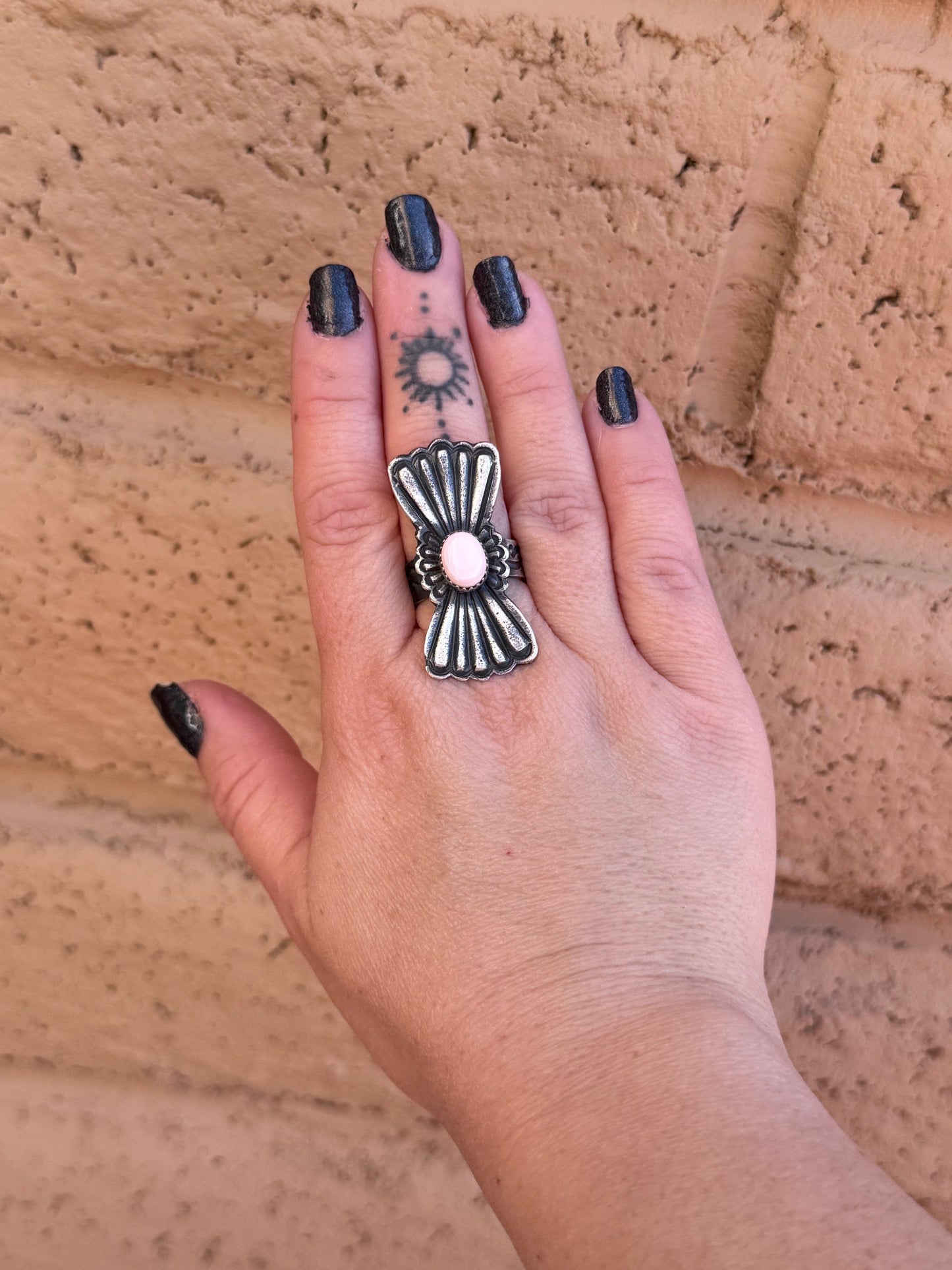 Handcrafted Queen Pink Conch & Sterling Silver Adjustable Statement Ring by Kevin Billah Nizhoni Traders LLC