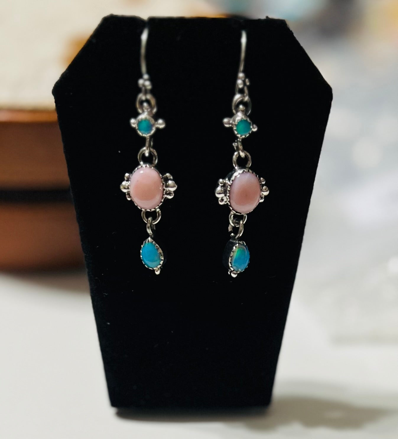 Genuine Pink conch and Opal Sterling Silver Dangle Earrings Cedar Hill Country Market