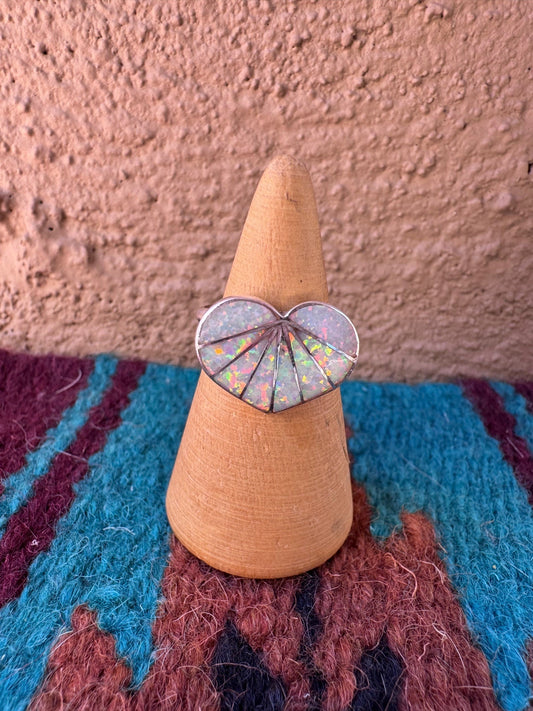 Handcrafted Sterling Silver & White Fire Opal Inlay Heart Ring Nizhoni Traders LLC