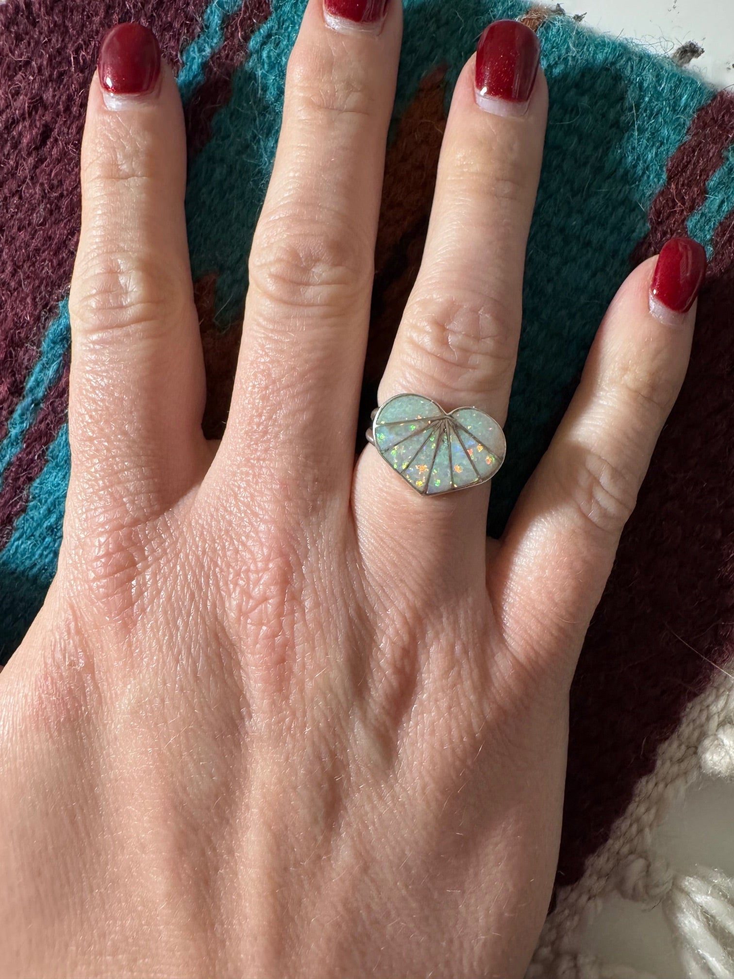 Handcrafted Sterling Silver & White Fire Opal Inlay Heart Ring Nizhoni Traders LLC