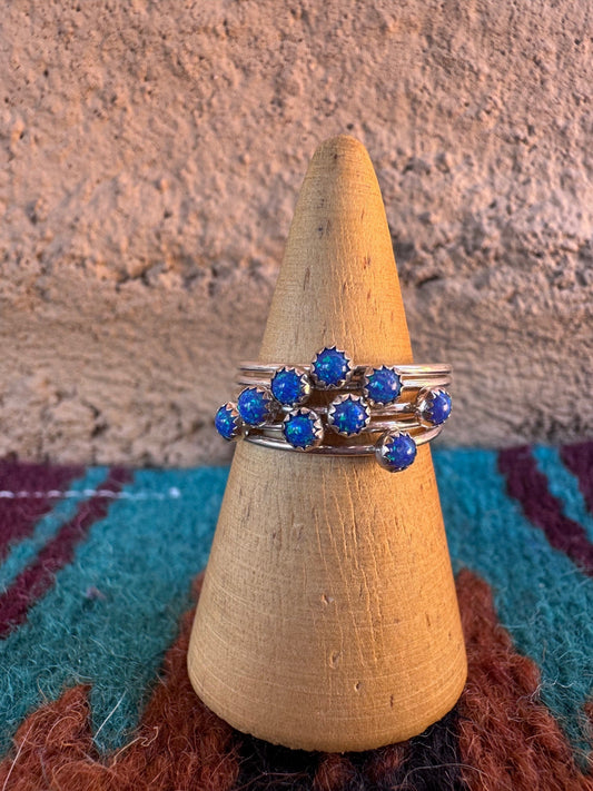 Handcrafted Sterling Silver & Blue Fire Opal 5 Stacker Ring Size 7.5 Nizhoni Traders LLC