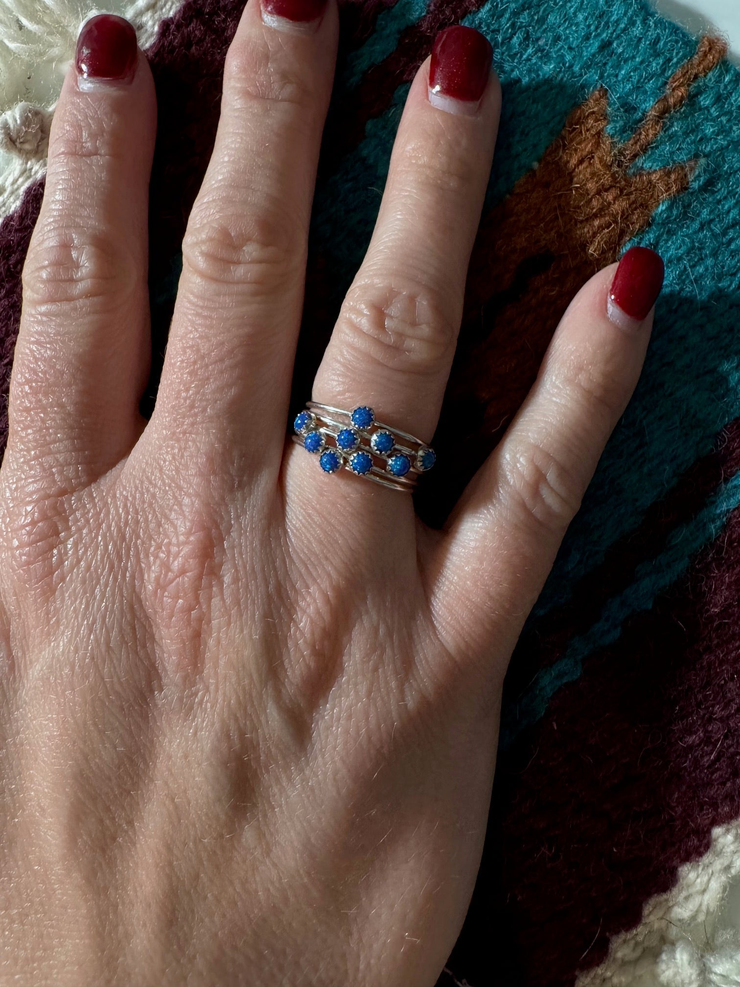 Handcrafted Sterling Silver & Blue Fire Opal 5 Stacker Ring Size 7.5 Nizhoni Traders LLC