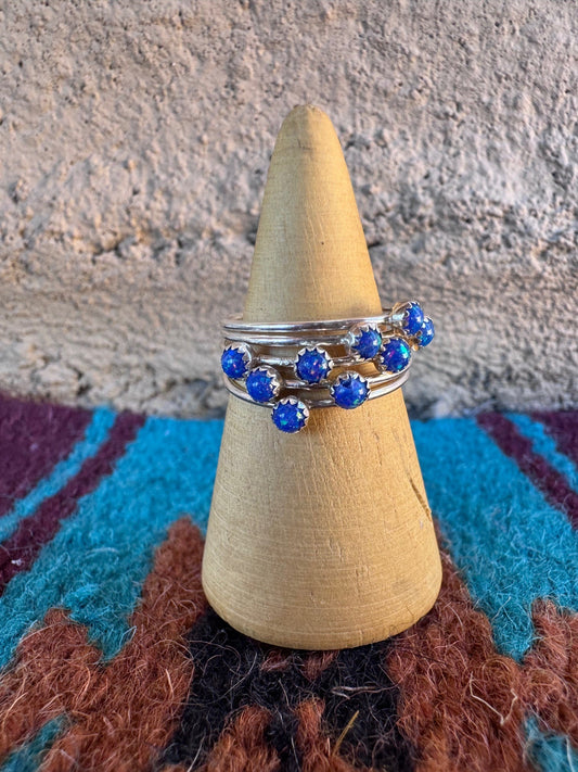 Handcrafted Sterling Silver & Royal Blue Fire Opal 5 Stacker Ring Size 7.5 Nizhoni Traders LLC