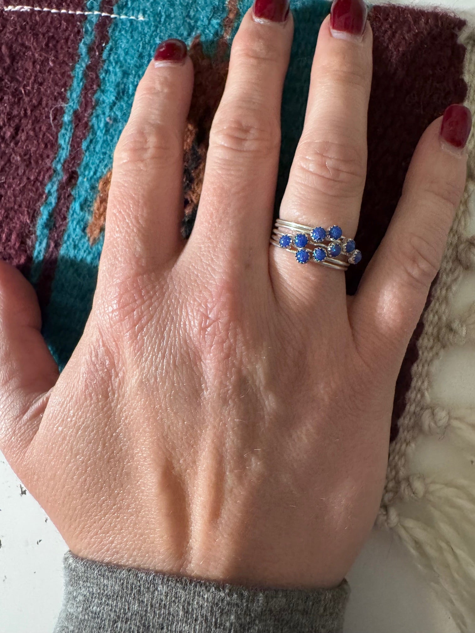 Handcrafted Sterling Silver & Royal Blue Fire Opal 5 Stacker Ring Size 7.5 Nizhoni Traders LLC