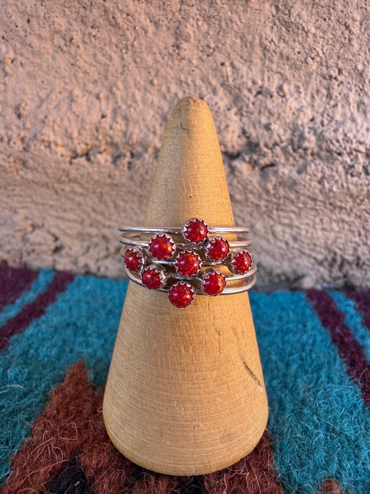 Handcrafted Sterling Silver & Red Fire Opal 5 Stacker Ring Size 7 Nizhoni Traders LLC