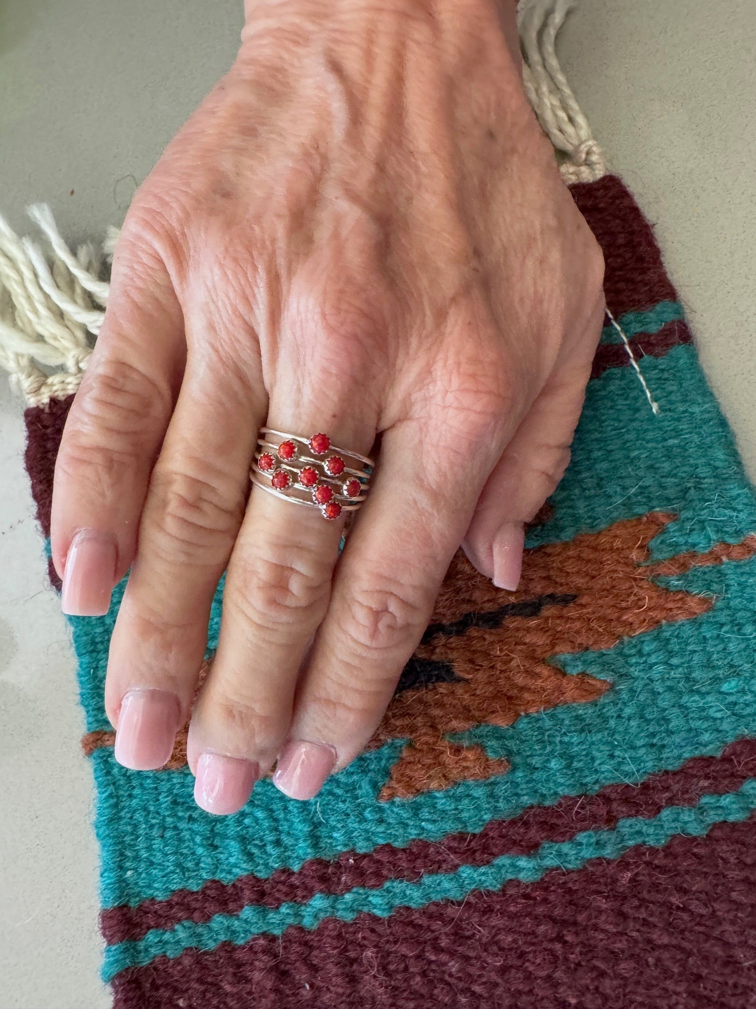 Handcrafted Sterling Silver & Red Fire Opal 5 Stacker Ring Size 7 Nizhoni Traders LLC