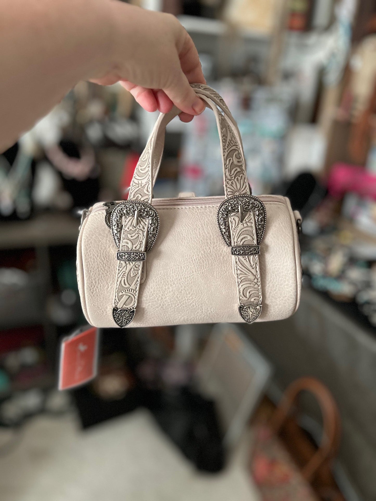 Montana West Western Tooled Buckle Collection Mini Barrel Crossbody Bag -Beige Cedar Hill Country Market