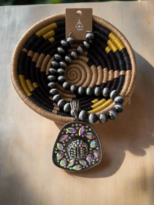 Cowboy Hat Glitz and Navajo Necklace with Bead Earrings - Set Cedar Hill Country Market