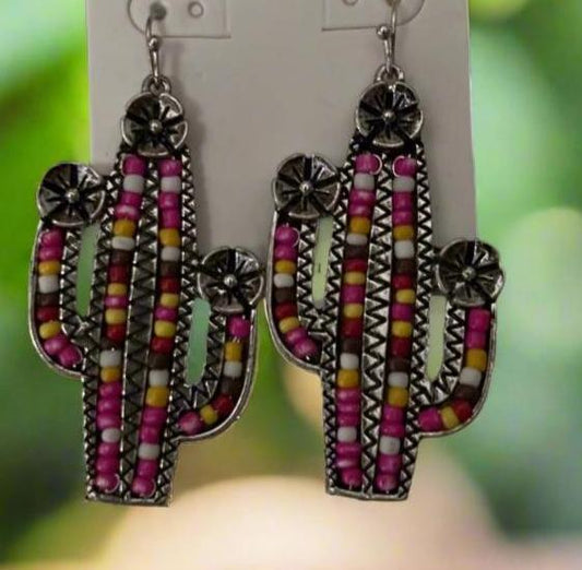 Pink Beaded Cactus Earrings Cedar Hill Country Market