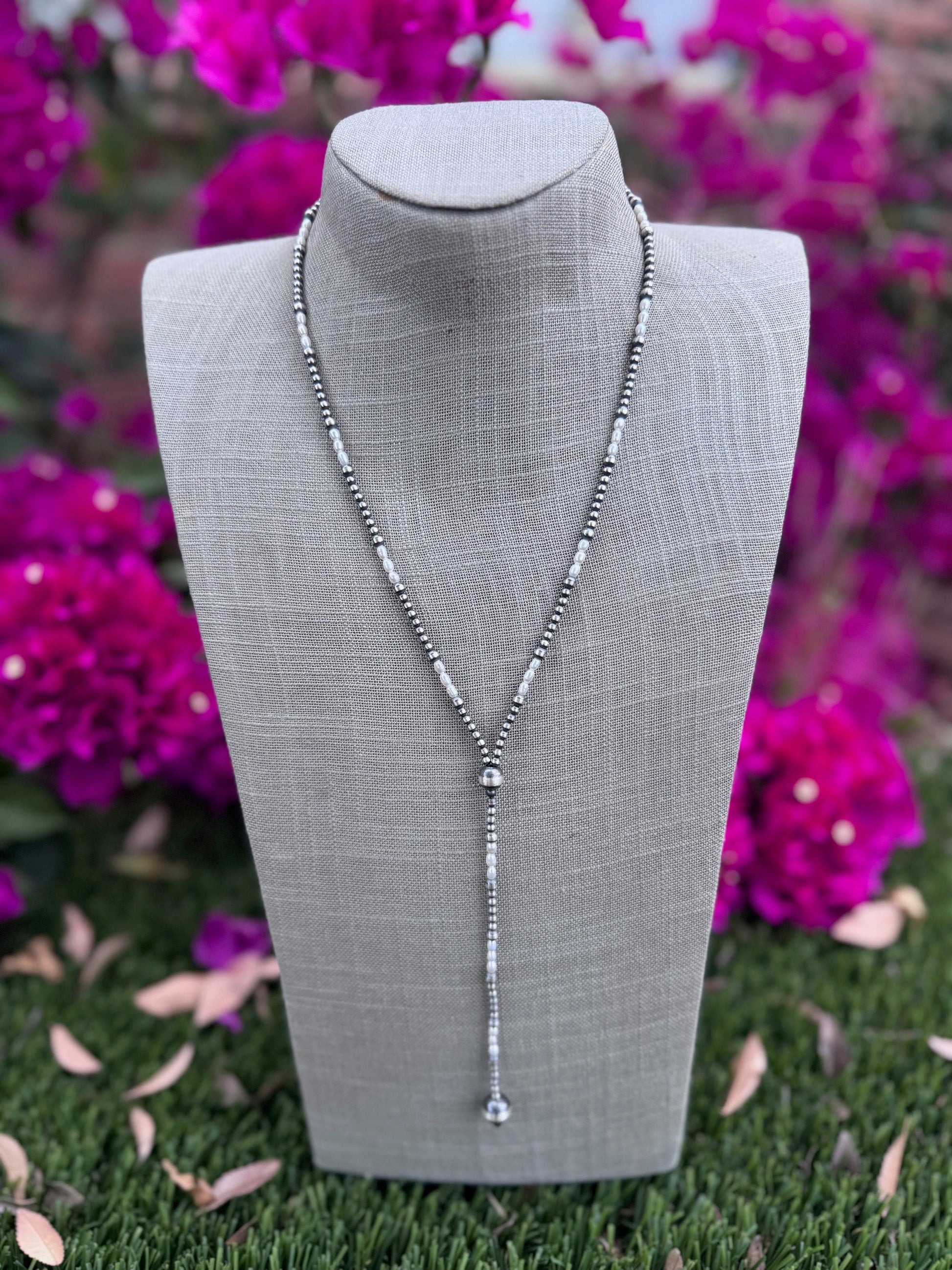 Handcrafted Freshwater Pearl & Sterling Silver Pearl 3-10mm Beaded Lariat Necklace 20" Nizhoni Traders LLC