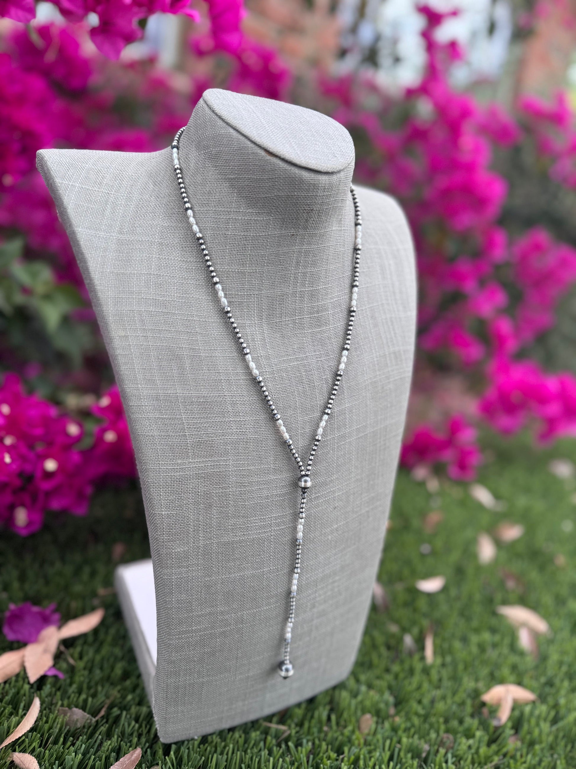 Handcrafted Freshwater Pearl & Sterling Silver Pearl 3-10mm Beaded Lariat Necklace 20" Nizhoni Traders LLC