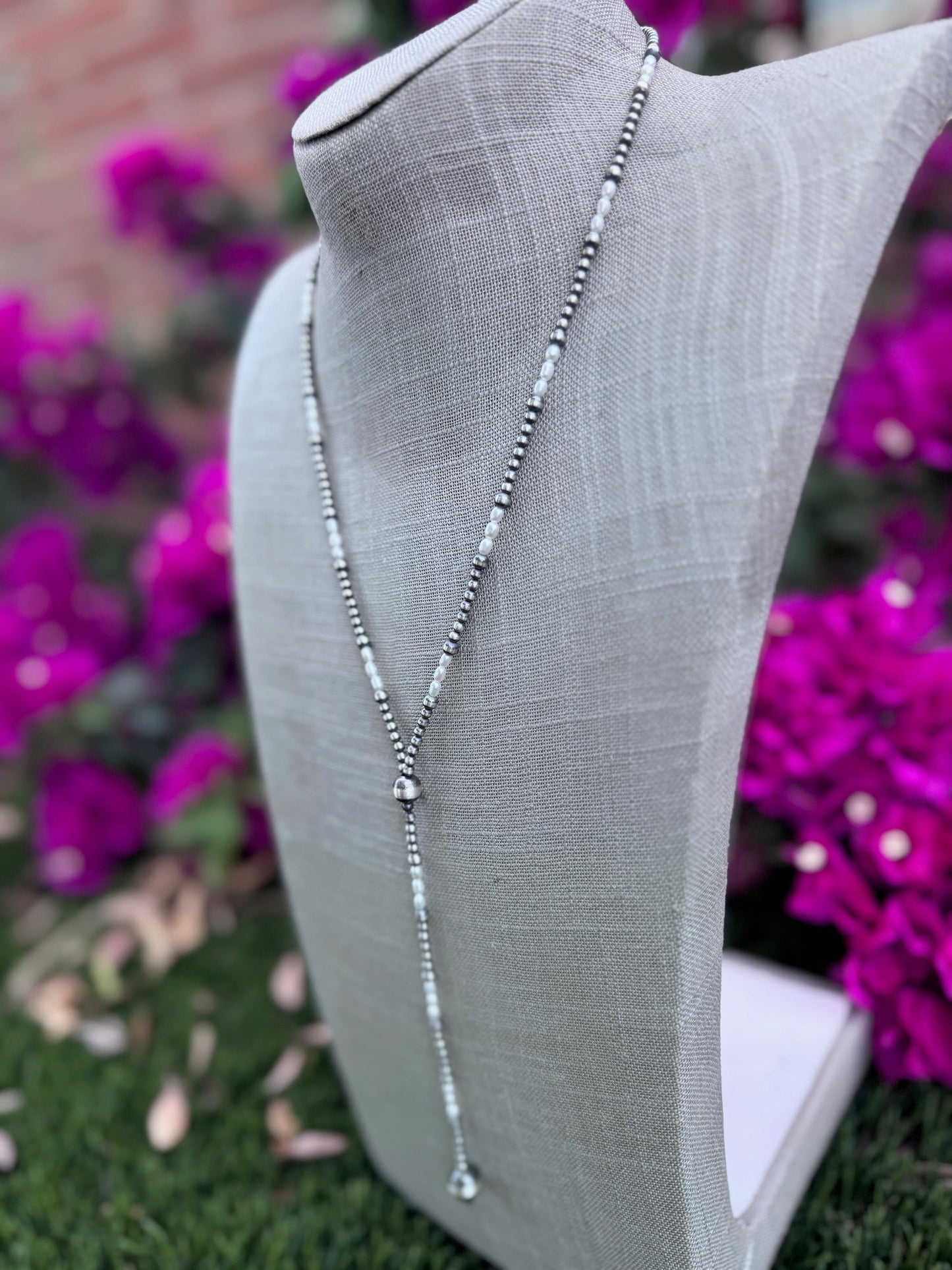 Handcrafted Freshwater Pearl & Sterling Silver Pearl 3-10mm Beaded Lariat Necklace 20" Nizhoni Traders LLC