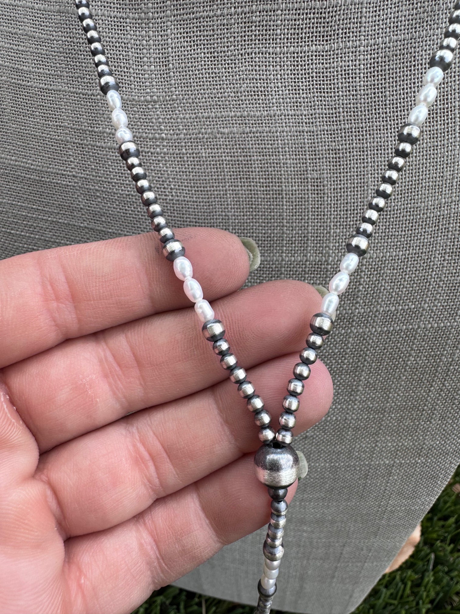 Handcrafted Freshwater Pearl & Sterling Silver Pearl 3-10mm Beaded Lariat Necklace 20" Nizhoni Traders LLC