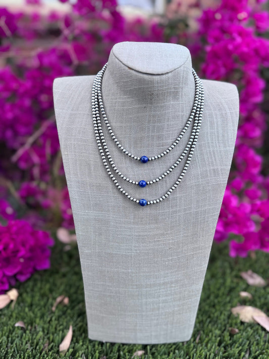 Handcrafted Lapis & Sterling Silver Pearl 4mm Beaded Necklace Nizhoni Traders LLC