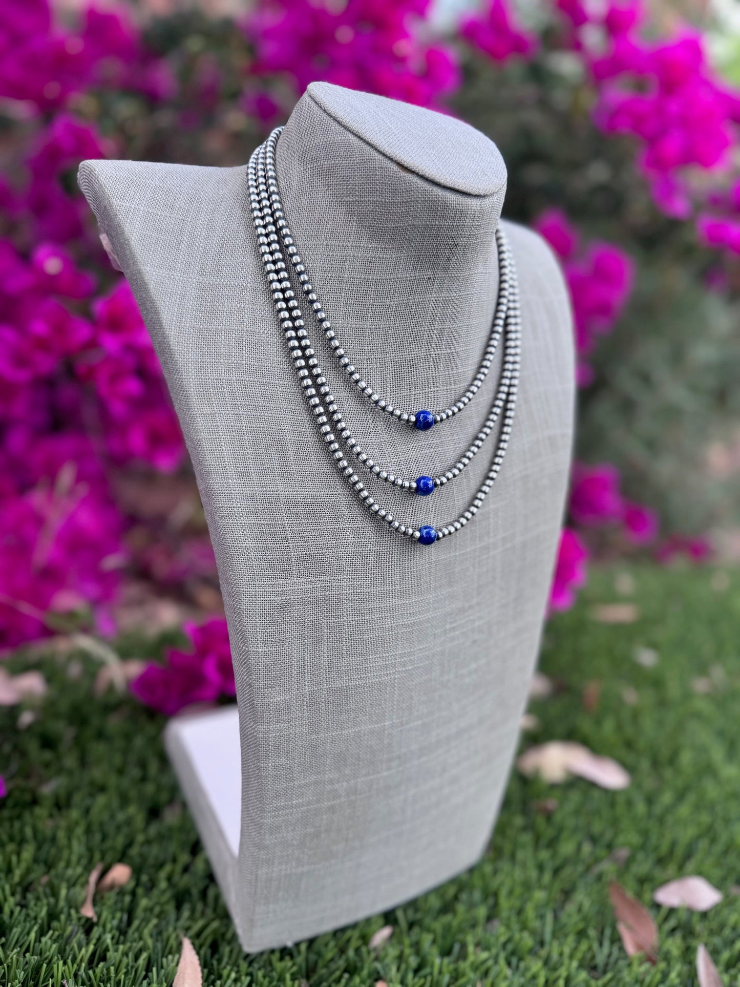 Handcrafted Lapis & Sterling Silver Pearl 4mm Beaded Necklace Nizhoni Traders LLC