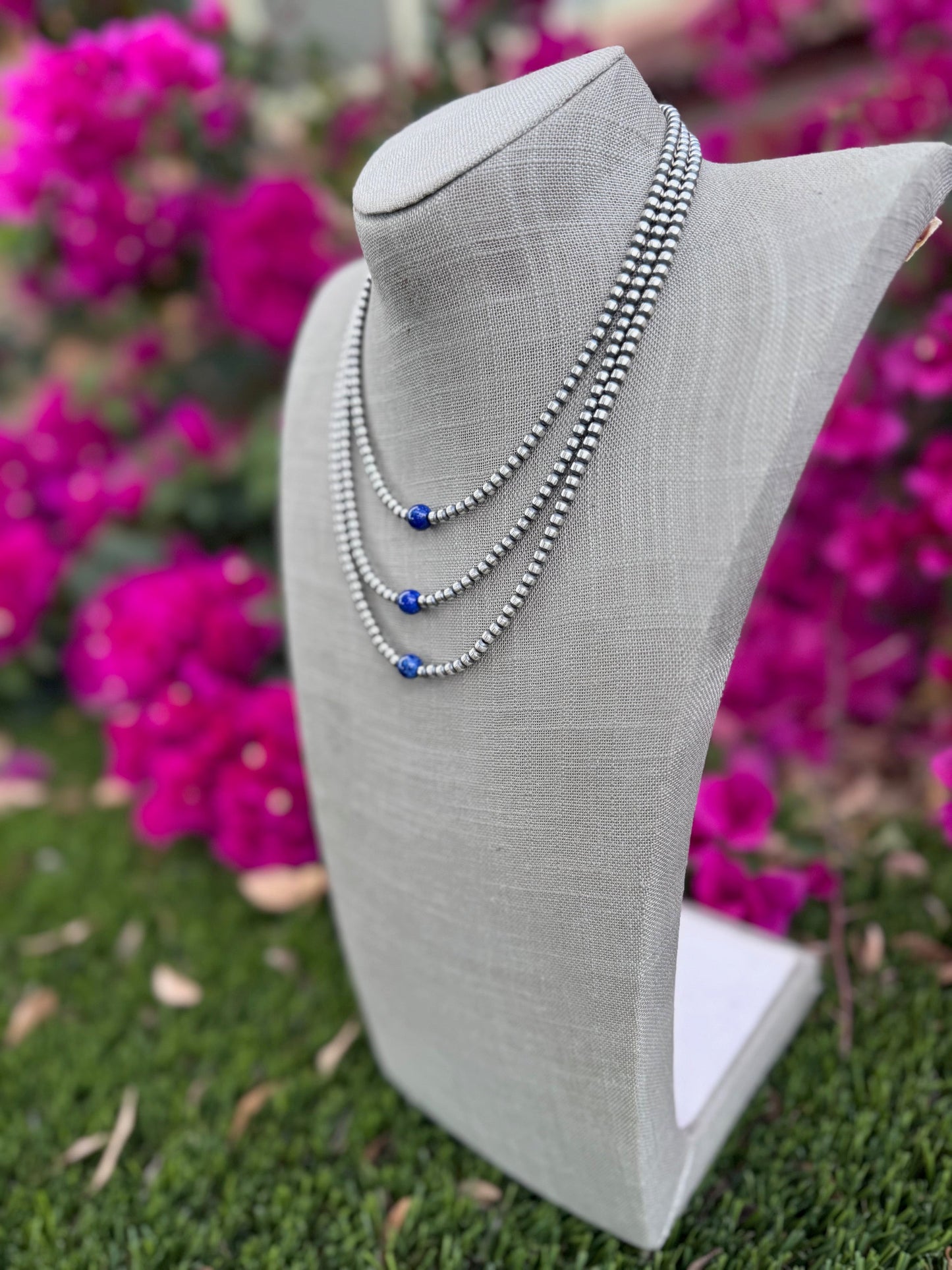 Handcrafted Lapis & Sterling Silver Pearl 4mm Beaded Necklace Nizhoni Traders LLC