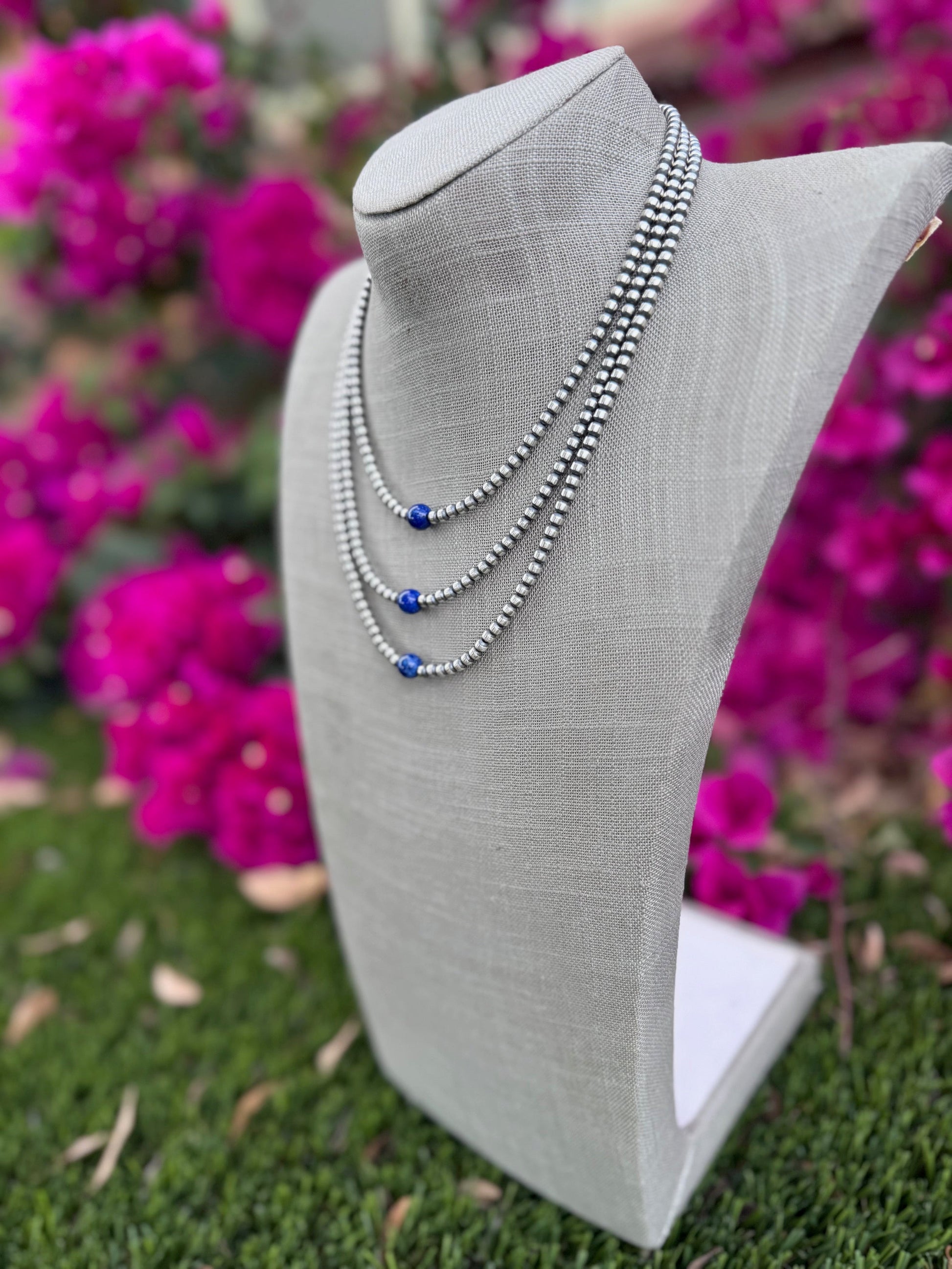 Handcrafted Lapis & Sterling Silver Pearl 4mm Beaded Necklace Nizhoni Traders LLC