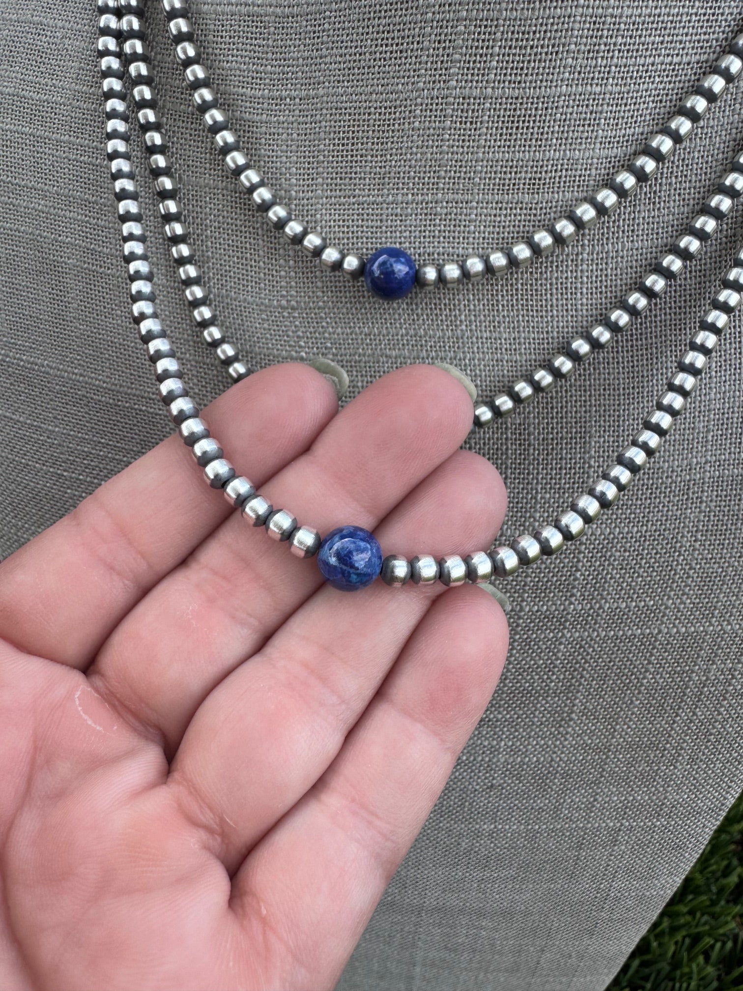 Handcrafted Lapis & Sterling Silver Pearl 4mm Beaded Necklace Nizhoni Traders LLC
