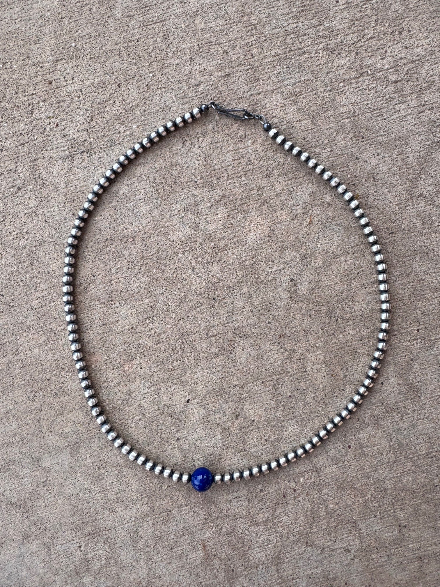 Handcrafted Lapis & Sterling Silver Pearl 4mm Beaded Necklace Nizhoni Traders LLC