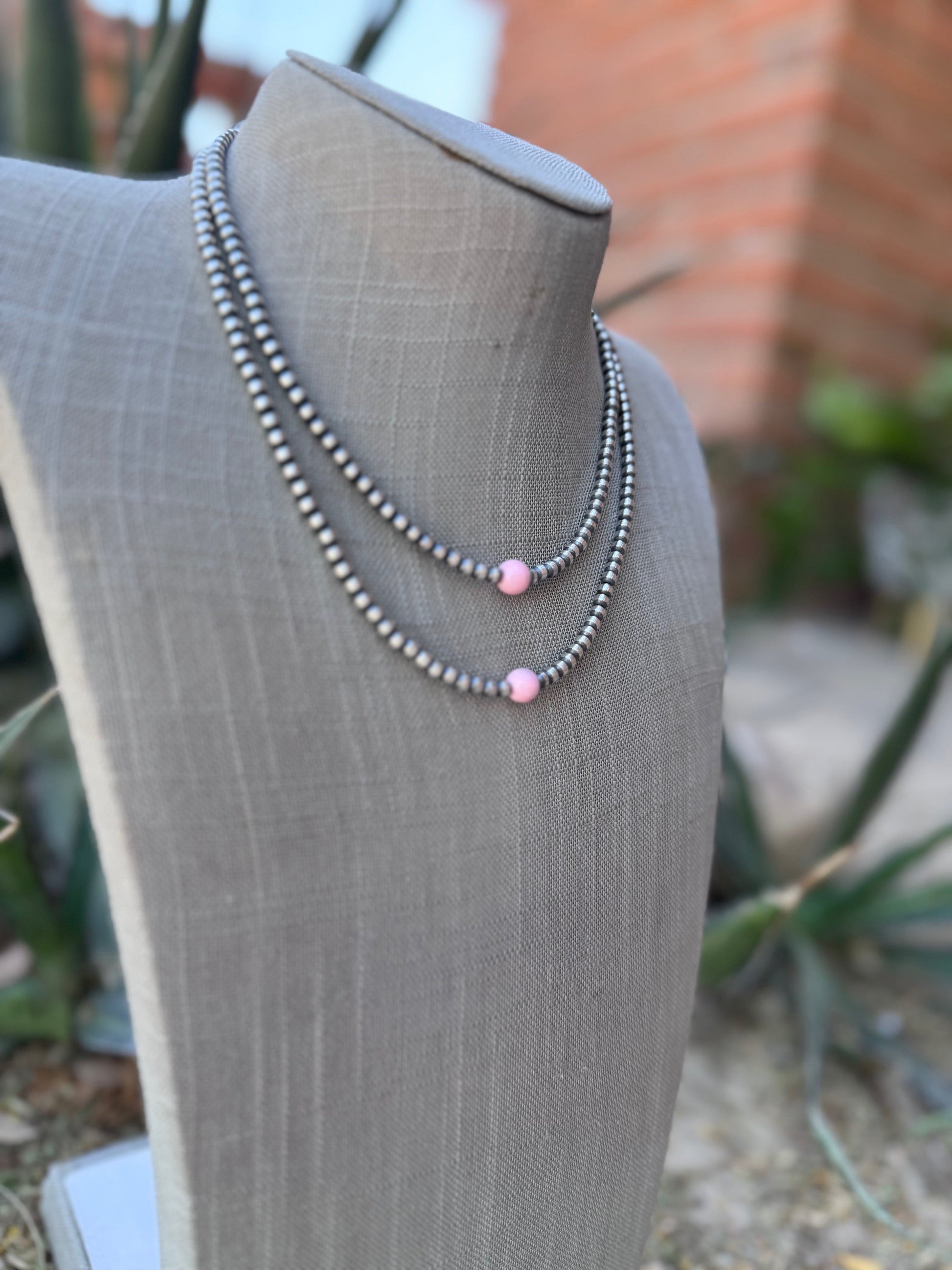 Handcrafted Sterling Silver & Pink Conch 4mm beaded Necklace Nizhoni Traders LLC