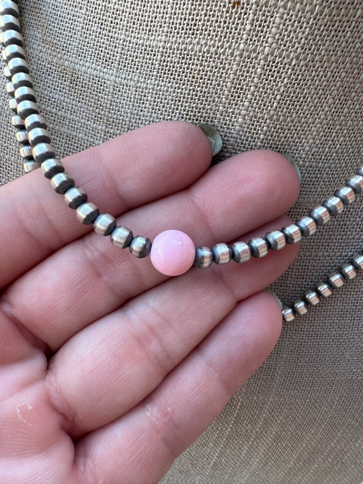 Handcrafted Sterling Silver & Pink Conch 4mm beaded Necklace Nizhoni Traders LLC