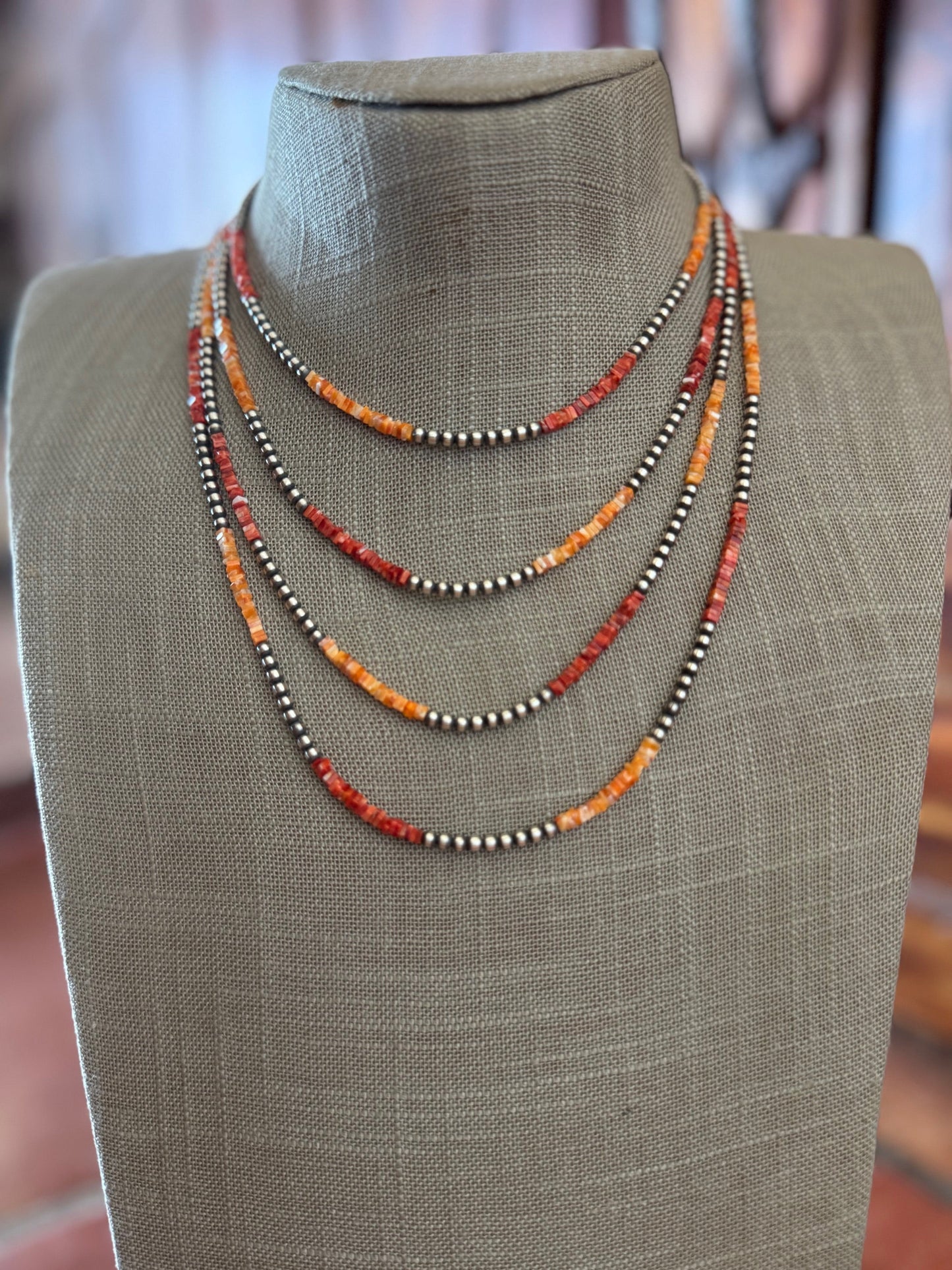 Handcrafted Red Spiny, Orange Spiny & Sterling Silver Pearl 3mm Beaded Necklace Nizhoni Traders LLC